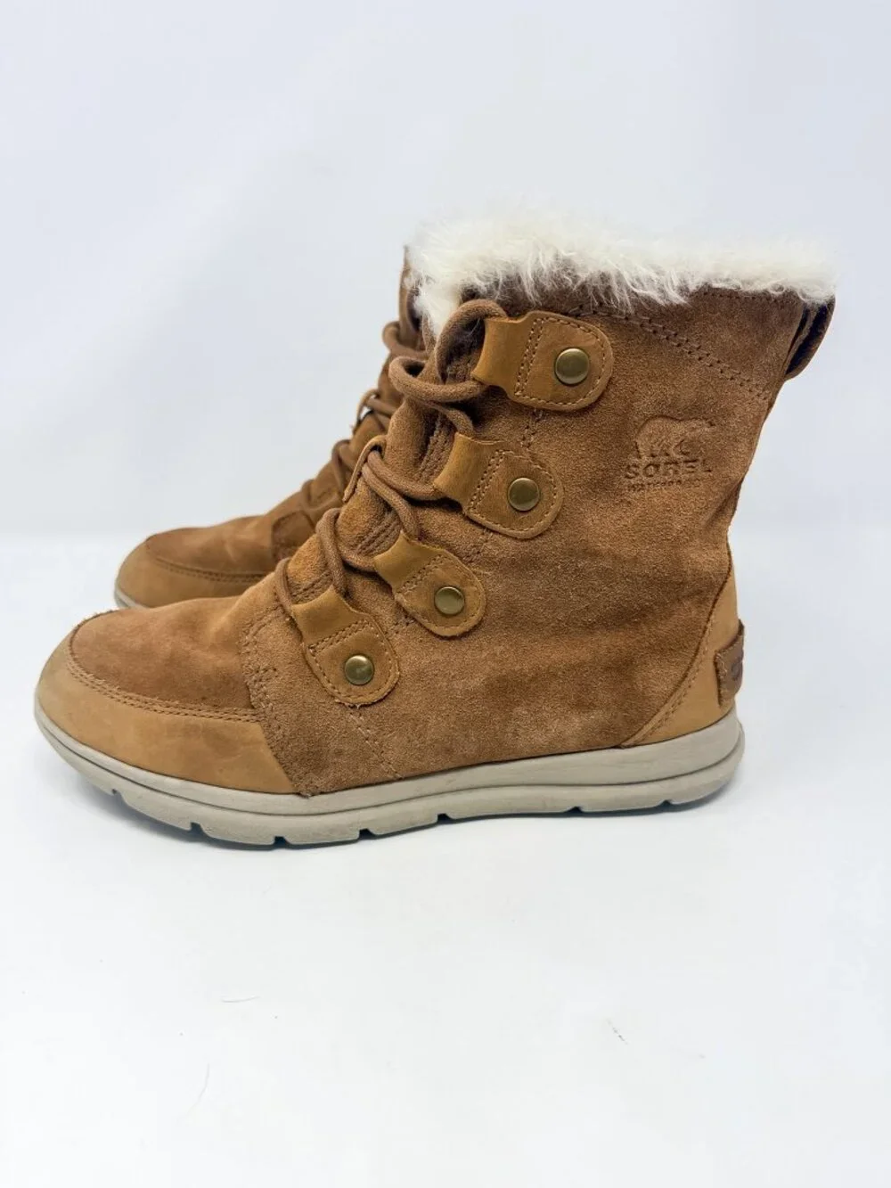 Sorel Explorer Joan Ankle Boots Women's 7.5 Tan Suede Lace Up Fur Trim NL3039